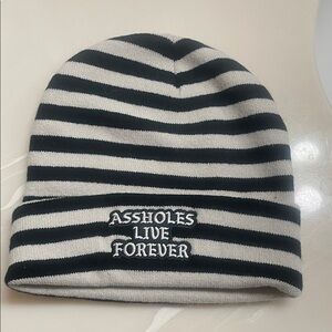 ALF Striped Black & White Knit Beanie with Embroidered Slogan